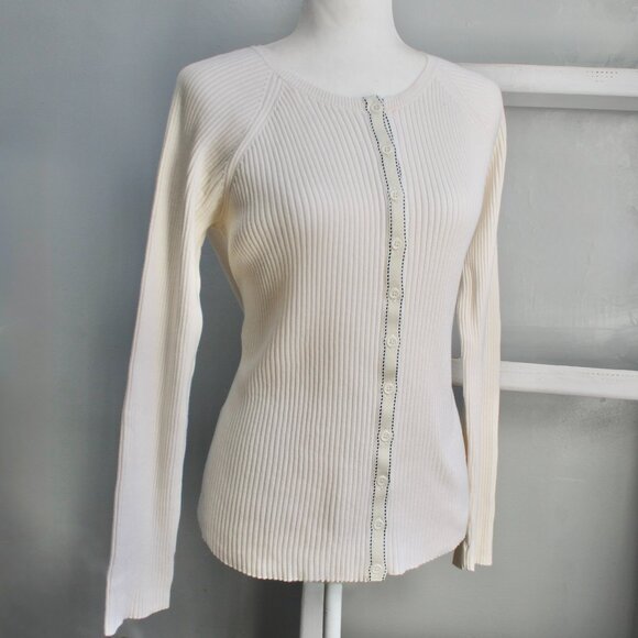 Jones New York VTG Y2K Cream Cotton Ribbed Button Cardigan Sweater Size Large - Picture 1 of 8